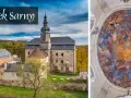 Zamek Sarny, z wieżą i jesiennym krajobrazem, obok barwnego fresku na sklepieniu.