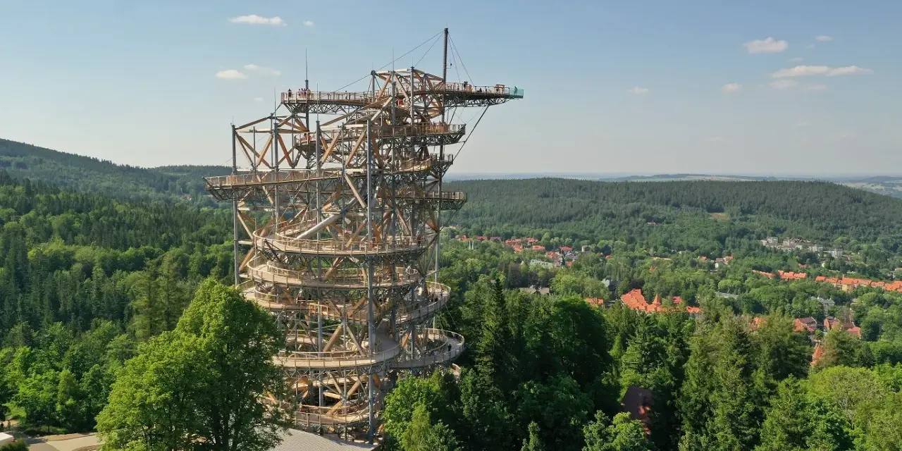 Drewniana wieża Sky Walk wznosi się ponad zielonym lasem, oferując zapierające dech w piersiach widoki na okolicę i miasteczko.