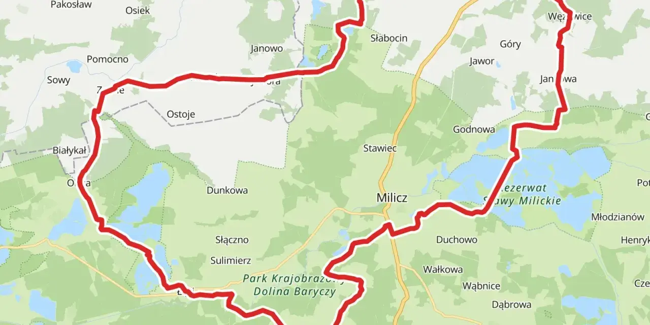 Trasa rowerowa przez malowniczą dolnośląską krainę rowerową, wiodąca przez Park Krajobrazowy Dolina Baryczy, z widokiem na stawy milickie.