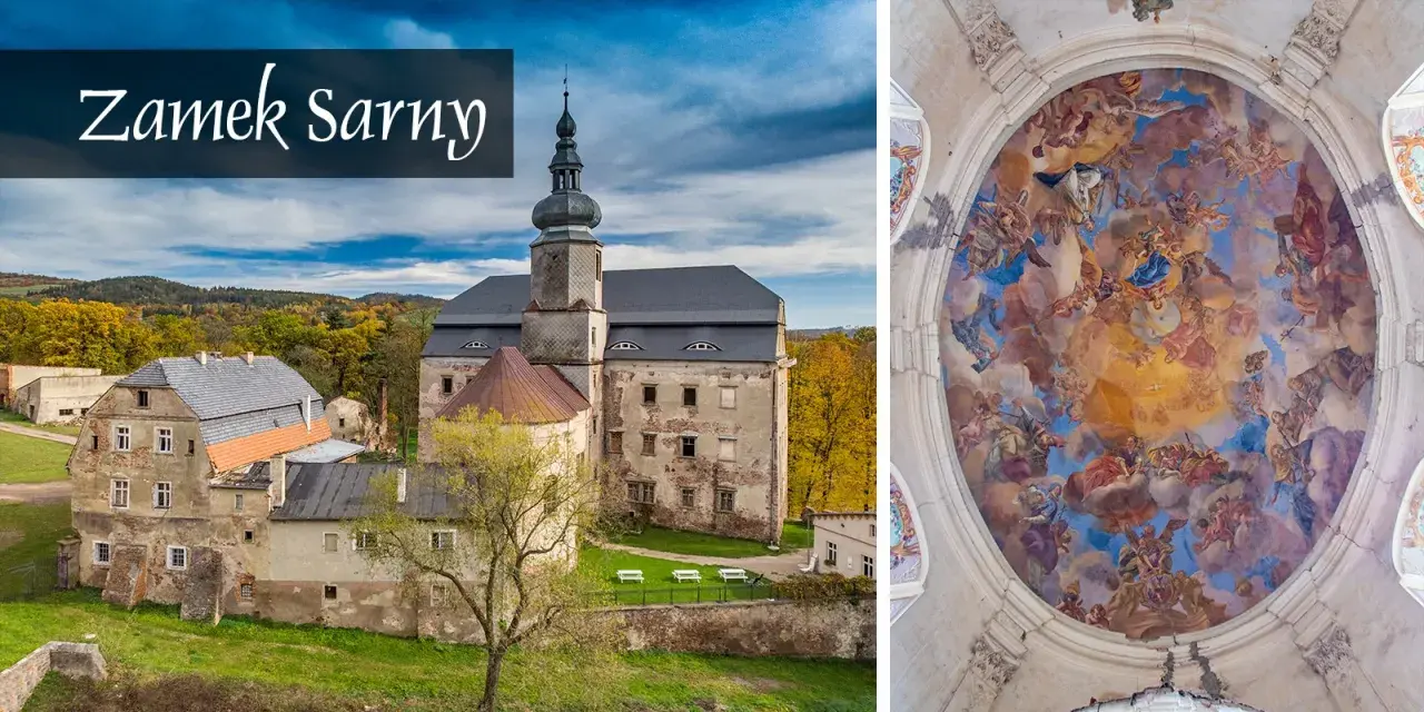 Zamek Sarny, z wieżą i jesiennym krajobrazem, obok barwnego fresku na sklepieniu.