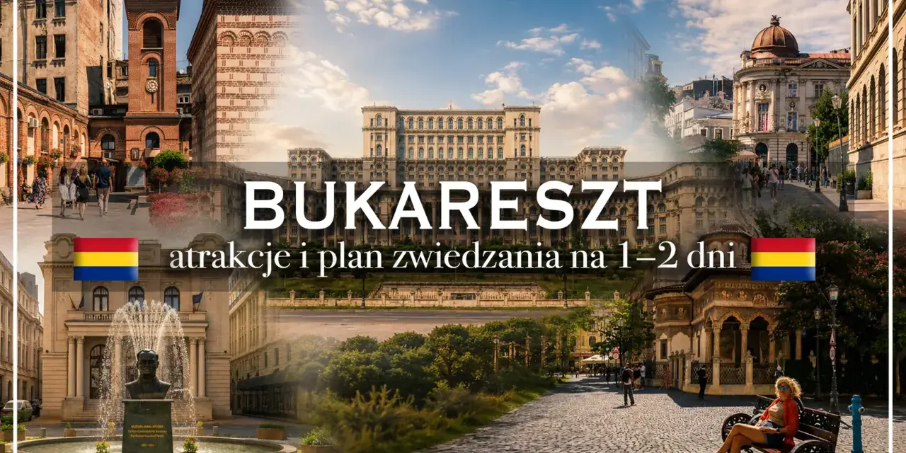 Kolaż zdjęć z Bukaresztu: Pałac Parlamentu, budynki, fontanna z pomnikiem, ulica z ludźmi.
