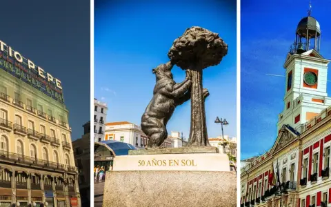 Trzy ujęcia z Puerta del Sol: budynek z neonem Tio Pepe, pomnik niedźwiedzia i drzewa, oraz wieża zegarowa.