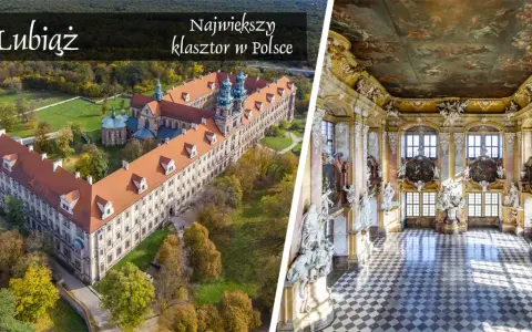 Majestatyczny lubiąż klasztor z lotu ptaka i jego bogato zdobione wnętrze z malowidłami na suficie.