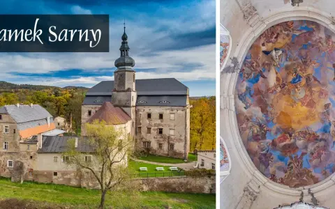 Zamek Sarny, z wieżą i jesiennym krajobrazem, obok barwnego fresku na sklepieniu.
