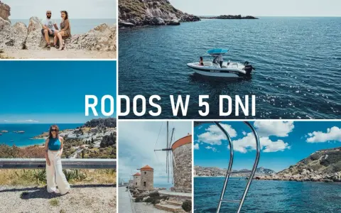 Rodos co zobaczyć: para na skałach, łódź na morzu, kobieta z widokiem na miasto, wiatraki i widok na morze.