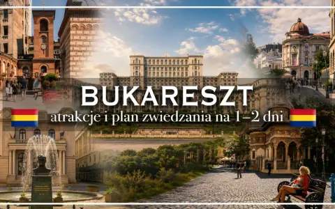 Kolaż zdjęć z Bukaresztu: Pałac Parlamentu, budynki, fontanna z pomnikiem, ulica z ludźmi.