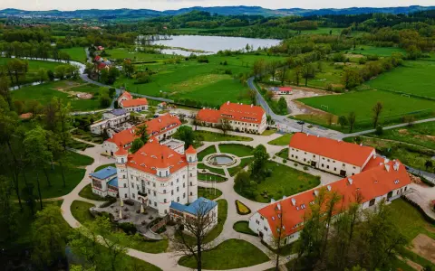 Pałac w Wojanowie otoczony zielenią, z jeziorem w tle. Malowniczy widok z lotu ptaka na zabytkową architekturę i otaczający krajobraz.