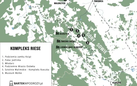 Mapa turystyczna przedstawiająca kompleks Riese z zaznaczonymi atrakcjami: Podziemia zamku Książ, Pałac Jedlinka, Włodarz, Podziemne Miasto Osówka, Sztolnie Walimskie i Muzeum Molke.