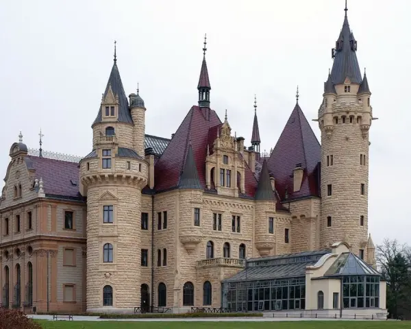 Imponujące pałace w Polsce, jak ten z kamienia i czerwonym dachem, zachwycają wieżami i bogactwem detali architektonicznych.