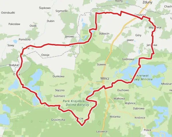 Trasa rowerowa przez malowniczą dolnośląską krainę rowerową, wiodąca przez Park Krajobrazowy Dolina Baryczy, z widokiem na stawy milickie.