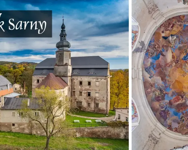 Zamek Sarny, z wieżą i jesiennym krajobrazem, obok barwnego fresku na sklepieniu.