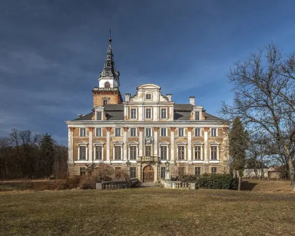 Imponujący zamek w Roztocze, z charakterystyczną wieżą i bogato zdobioną fasadą, otoczony parkiem.