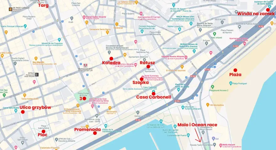 Alicante co zobaczyć: Winda na zamek, Plac, Targ, Katedra, Ratusz, Ulica grzybów, Promenada, Molo i Ocean race.