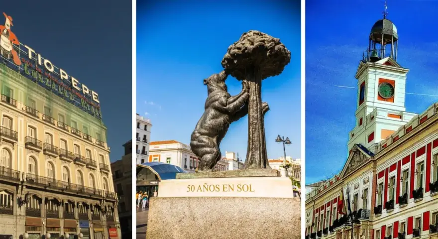 Trzy ujęcia z Puerta del Sol: budynek z neonem Tio Pepe, pomnik niedźwiedzia i drzewa, oraz wieża zegarowa.