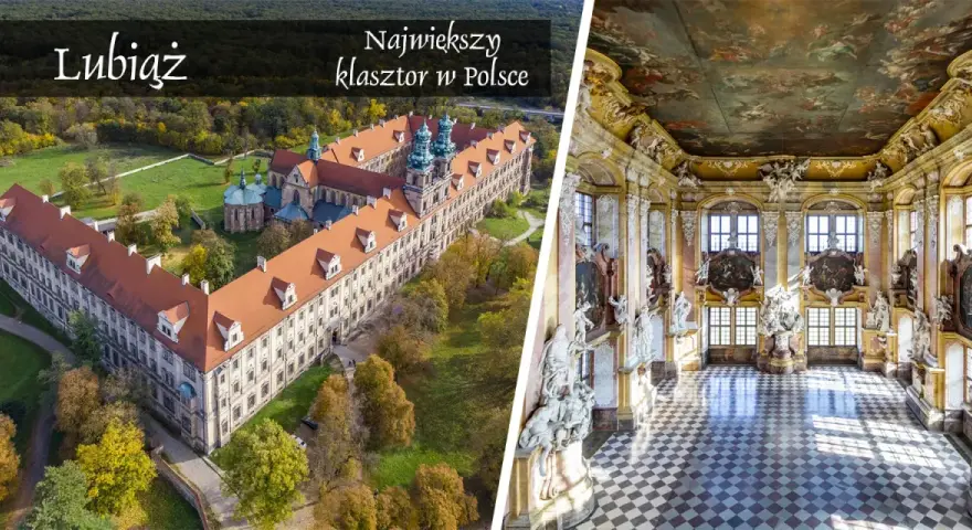 Majestatyczny lubiąż klasztor z lotu ptaka i jego bogato zdobione wnętrze z malowidłami na suficie.