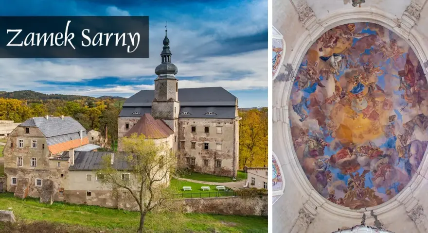 Zamek Sarny, z wieżą i jesiennym krajobrazem, obok barwnego fresku na sklepieniu.