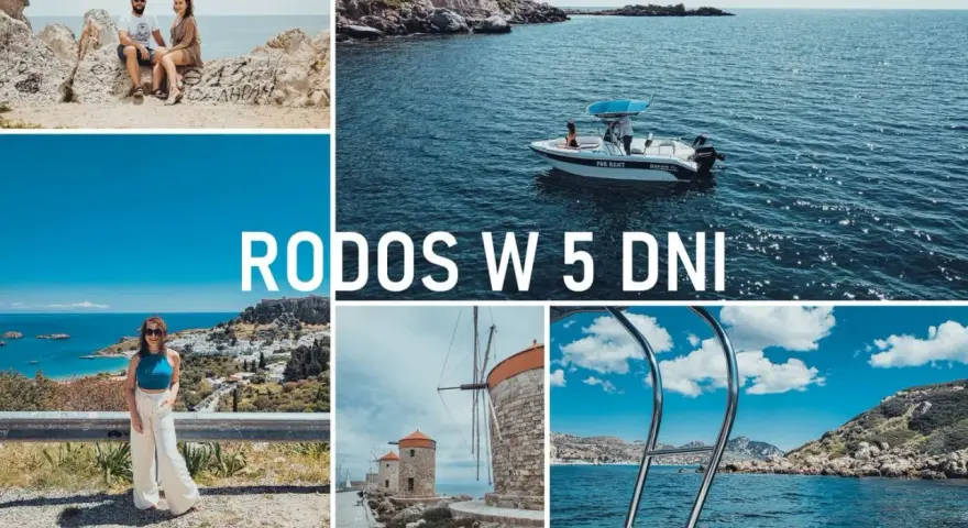 Rodos co zobaczyć: para na skałach, łódź na morzu, kobieta z widokiem na miasto, wiatraki i widok na morze.