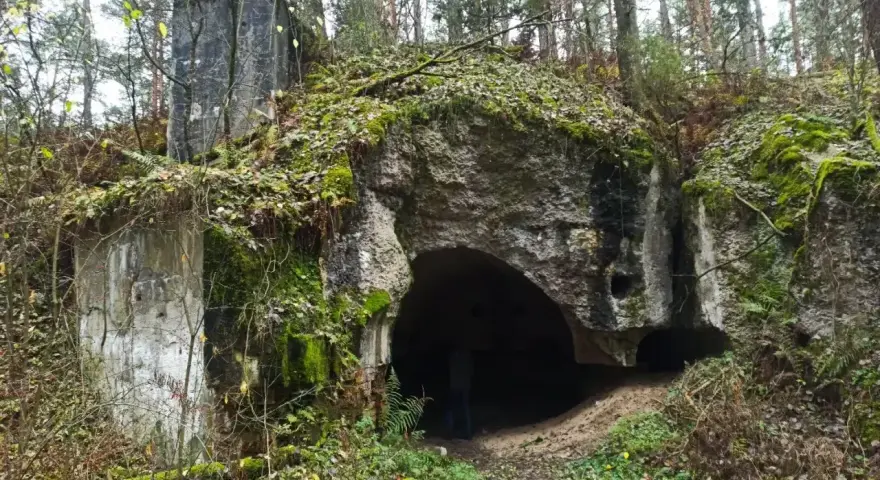 Ruiny twierdzy Osowiec, porośnięte mchem i liśćmi, zapraszają na zwiedzanie. Wejście do bunkra w lesie.