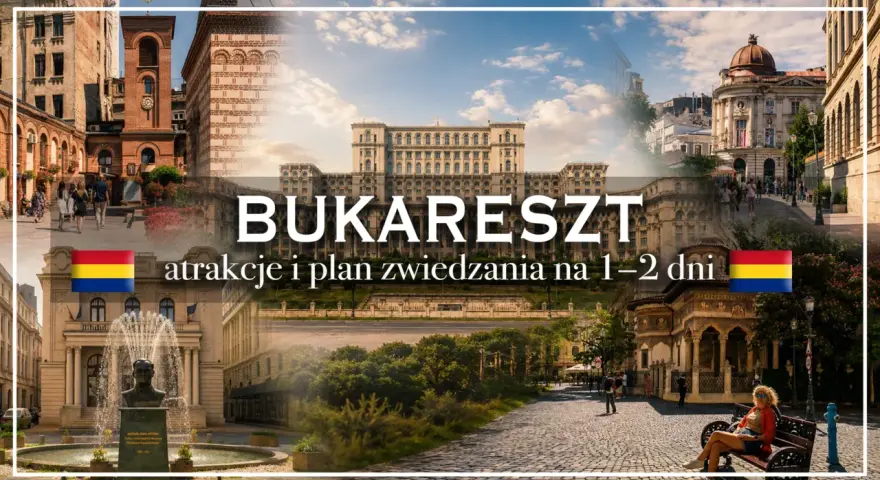Kolaż zdjęć z Bukaresztu: Pałac Parlamentu, budynki, fontanna z pomnikiem, ulica z ludźmi.