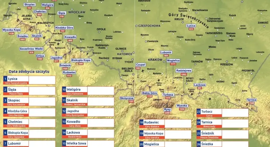 Mapa poglądowa z zaznaczonymi szczytami i ich wysokościami. kgp wykaz szczytów.