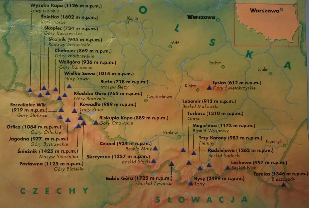 Mapa Polski z zaznaczonymi szczytami i ich wysokościami. Widać m.in. Śnieżkę, Babią Górę i Rysy. To jest kgp wykaz szczytów.