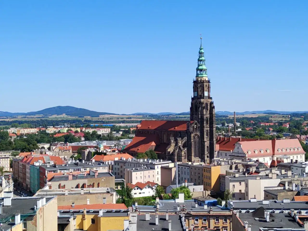 Imponująca wieża ratuszowa w Świdnicy g&oacute;ruje nad miastem, otoczona dachami kamienic i zielenią.