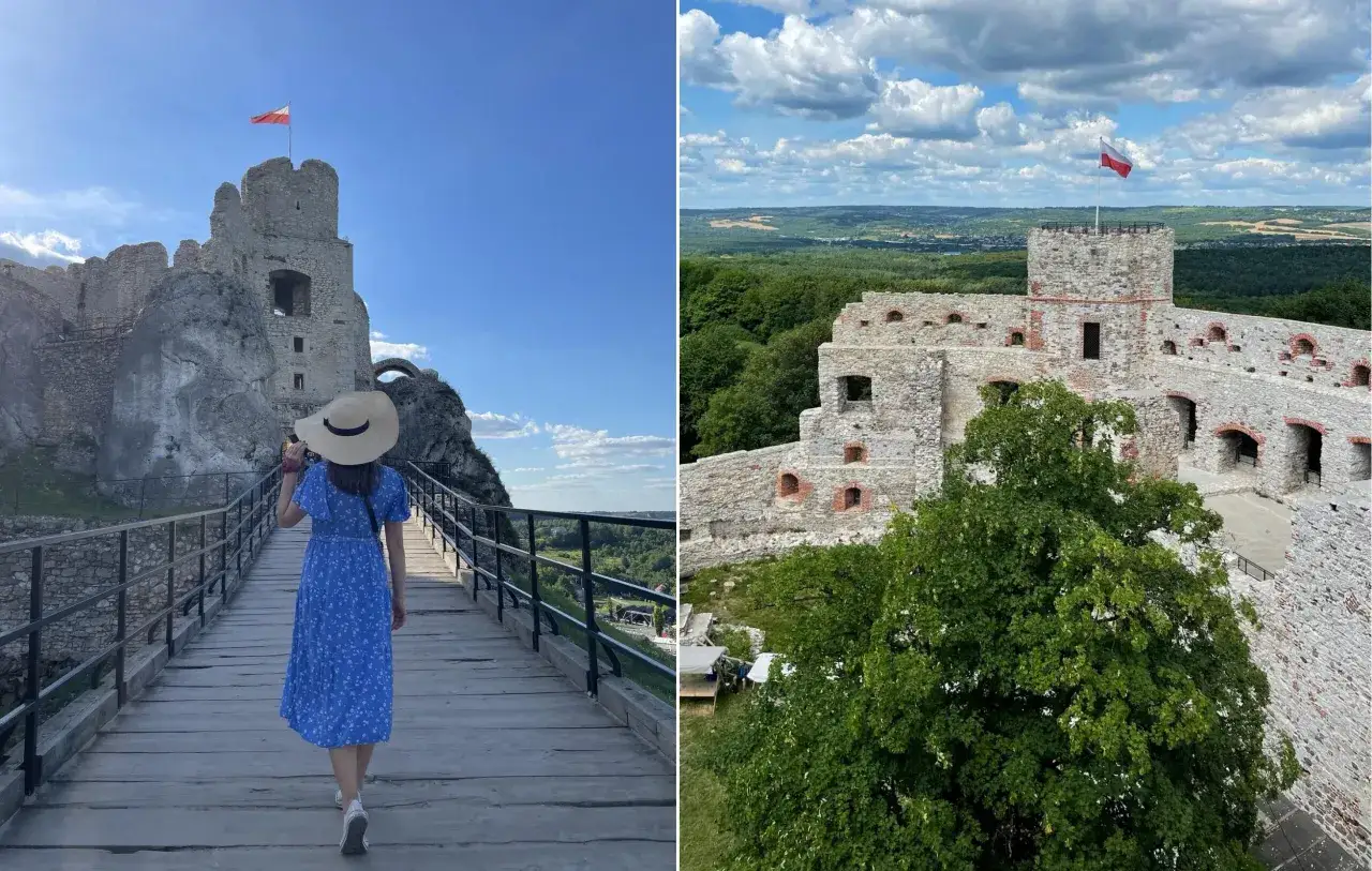 Ruiny zamku pod Krakowem, z polską flagą na wieży. Kobieta w letniej sukience idzie drewnianym mostkiem.