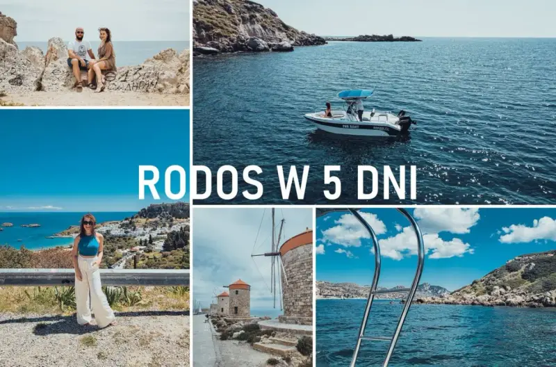 Rodos co zobaczyć: para na skałach, łódź na morzu, kobieta z widokiem na miasto, wiatraki i widok na morze.